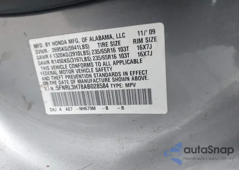 2010 Honda Odyssey Ex-L z USA, uszkodzony, nr VIN 5FNRL3H78AB028584